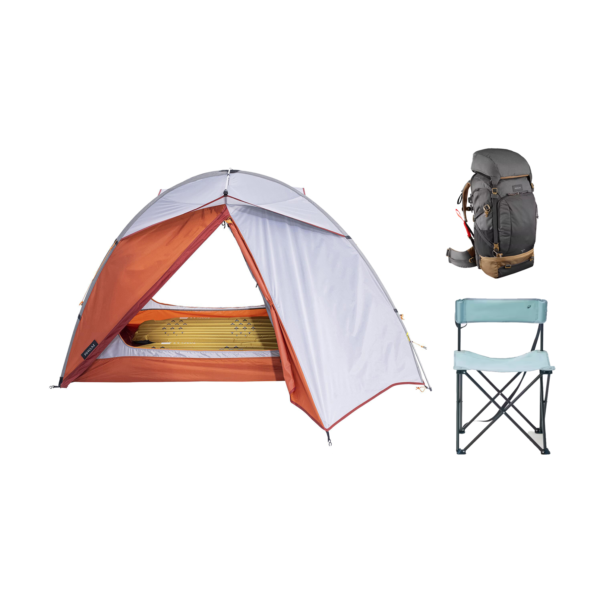Camping-Ausrüstung für den Rückkauf: Zelt, Rucksack und Klappstuhl.