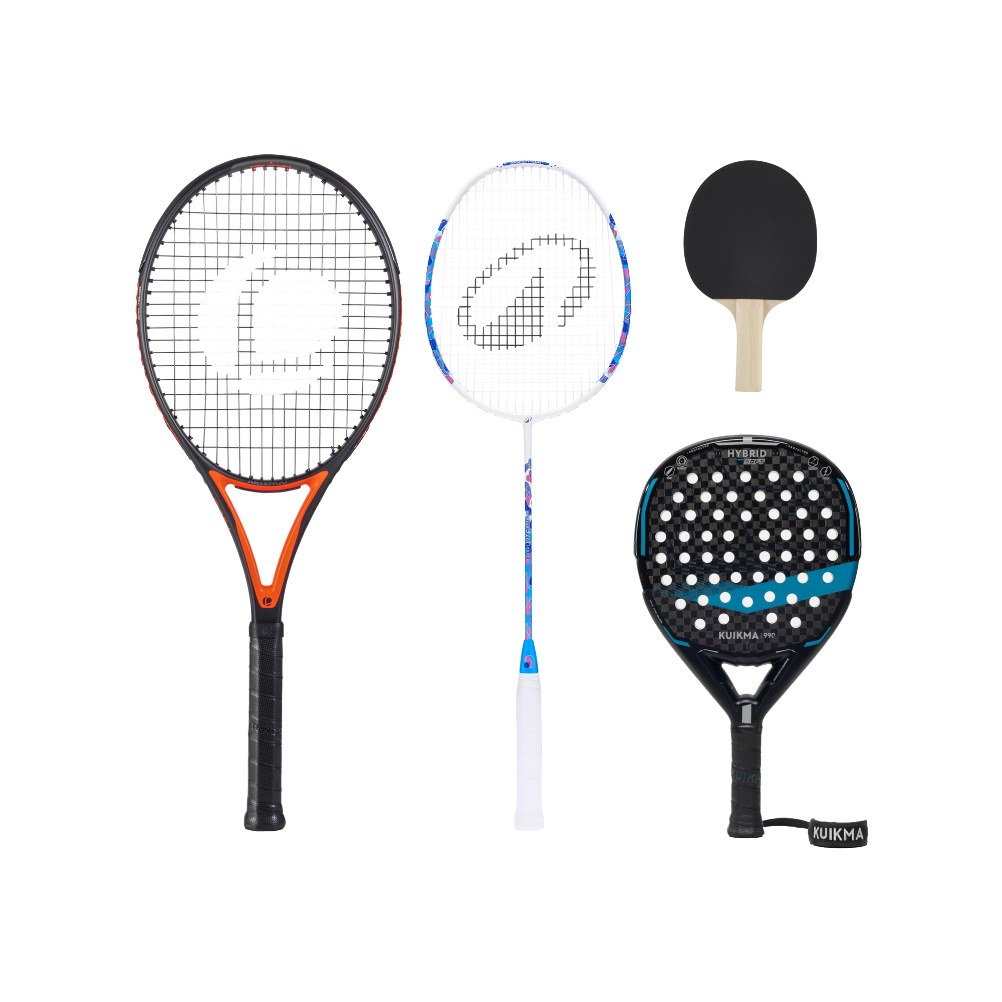 Gebrauchte Schläger: Tennis, Badminton, Tischtennis und Padel.