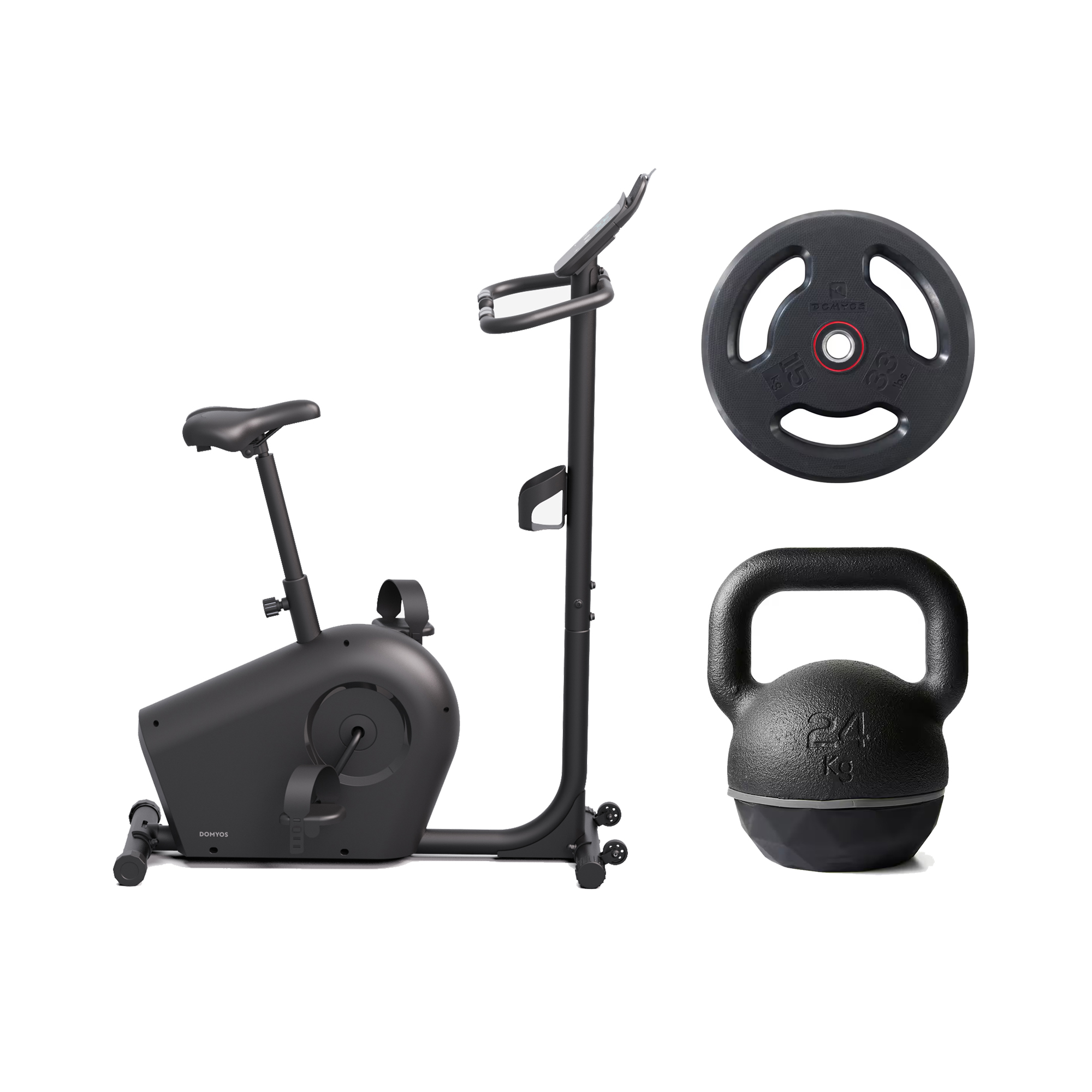 Fitness-Ausrüstung für den Rückkauf: Heimtrainer, Hantelscheibe und Kettlebell.
