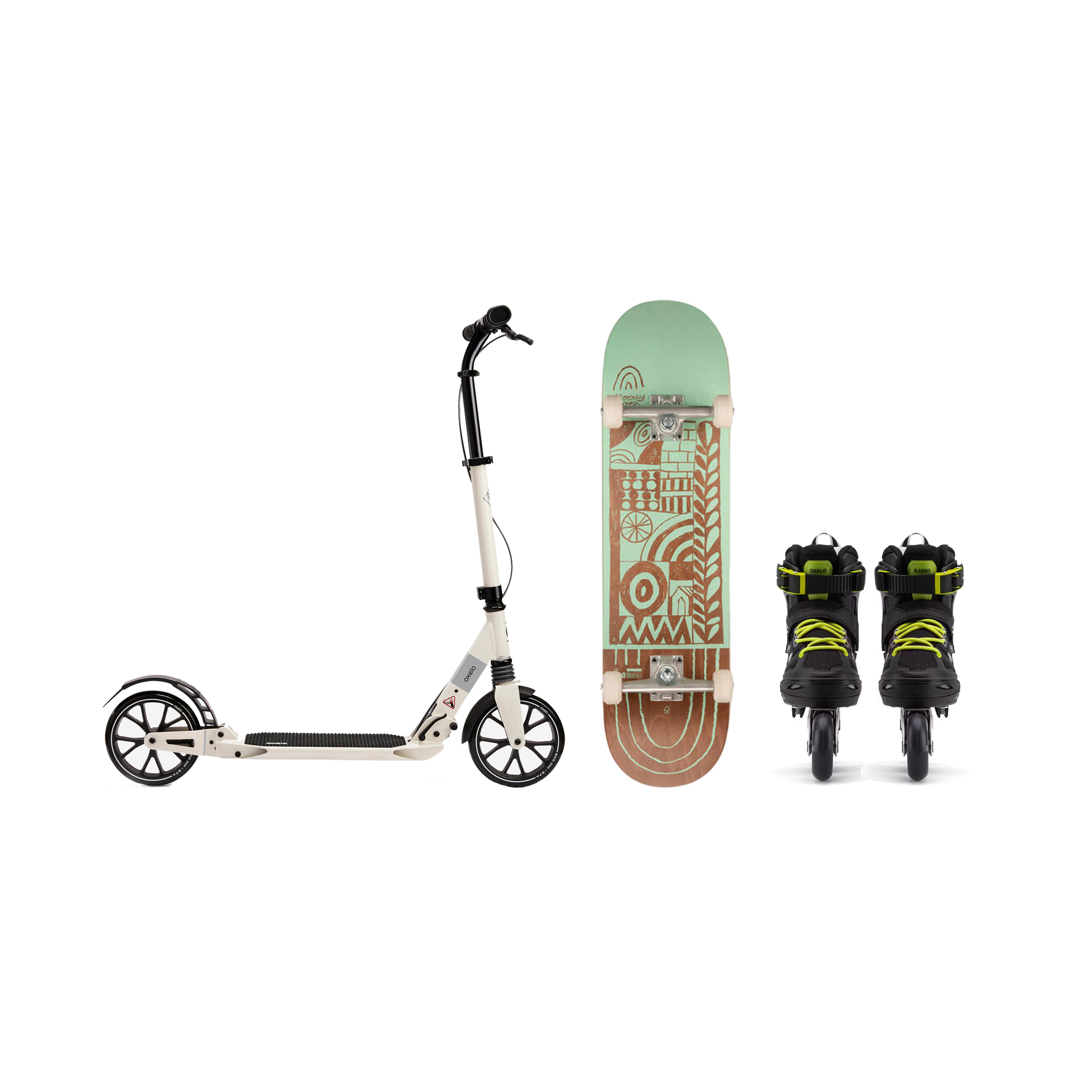 Rollsport-Ausrüstung für den Rückkauf: Scooter, Skateboard und Inline-Skates.