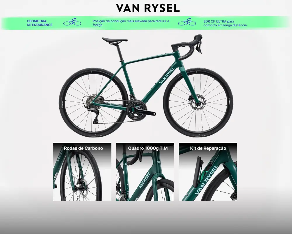 Bicicleta Van Rysel EDR CF Ultra com rodas de carbono, quadro de 1000g e kit de reparação.