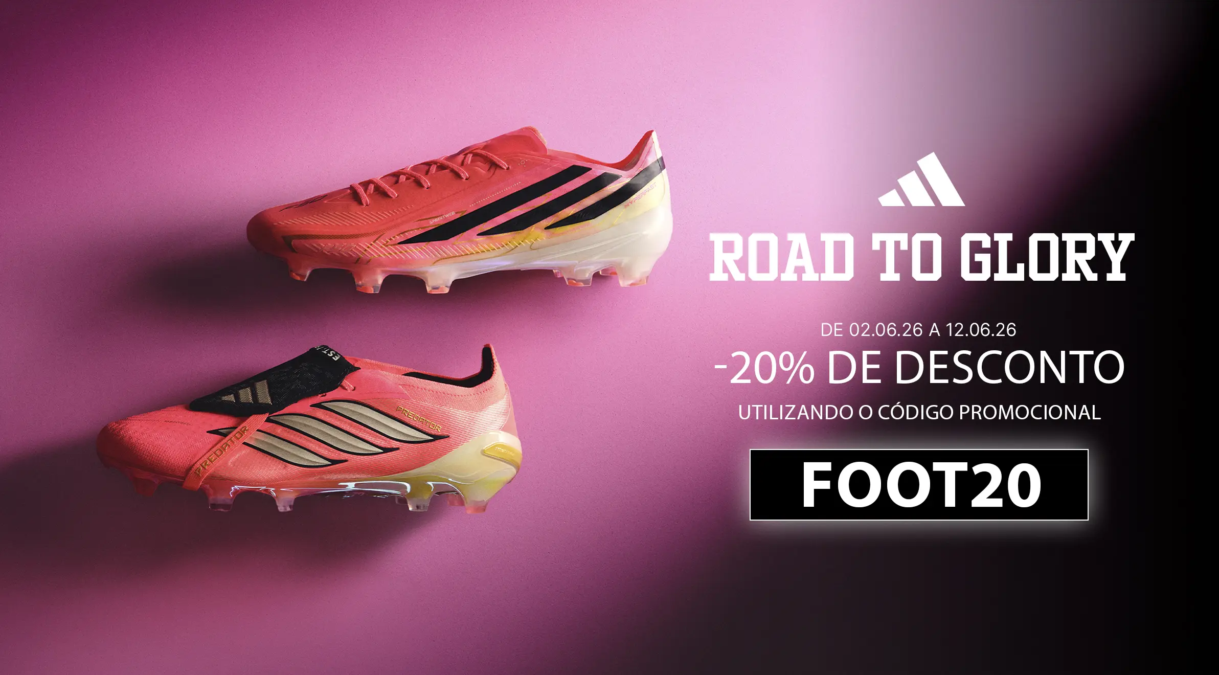 Chuteiras de futebol Adidas rosa com 20% de desconto na campanha Road to Glory utilizando o código FOOT20.
