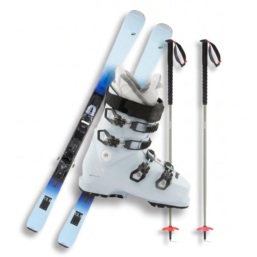 Skistöcke, Schuhe und Skier 