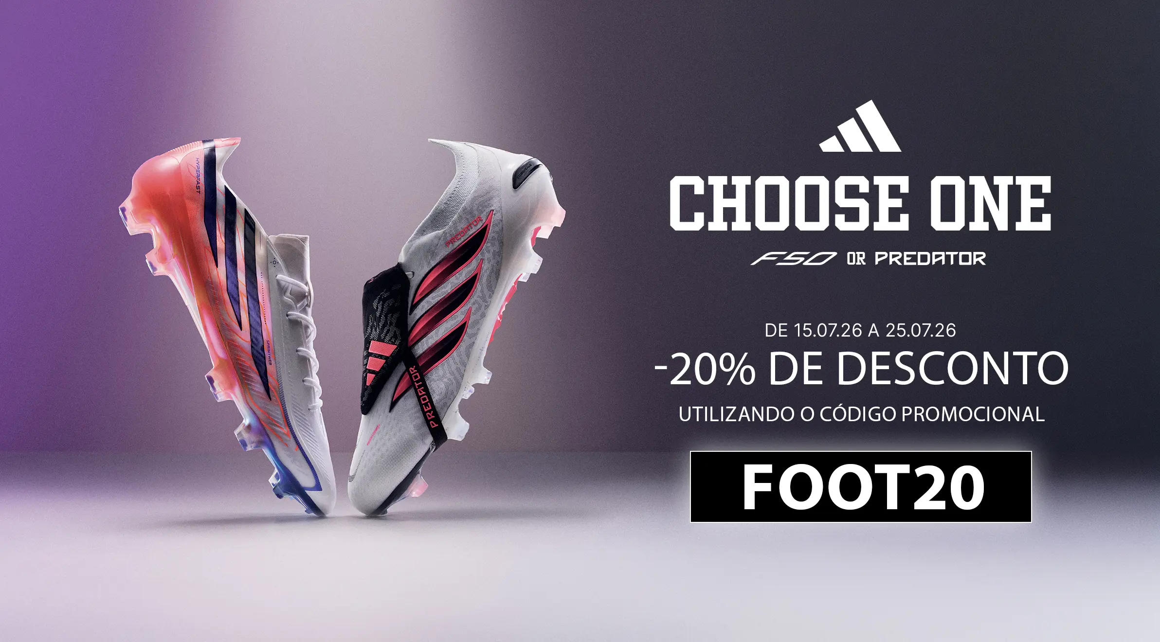Chuteiras de futebol Adidas com 20% de desconto na campanha Adidas F50 or Predator utilizando o código FOOT20.