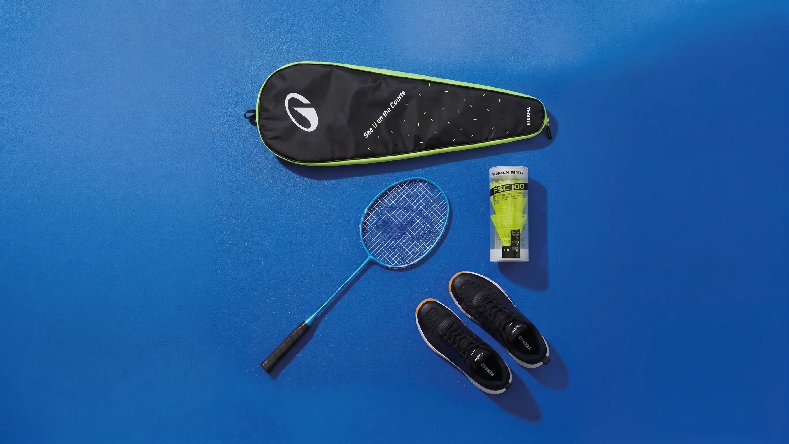 Badminton-Ausrüstung auf einem blauen Court als Knolling-Arrangement von oben: Eine schwarze Schlägertasche mit neongrünen Akzenten, ein blauer Badmintonschläger, eine Dose mit neongelben Federbällen und ein Paar schwarze Hallenschuhe.