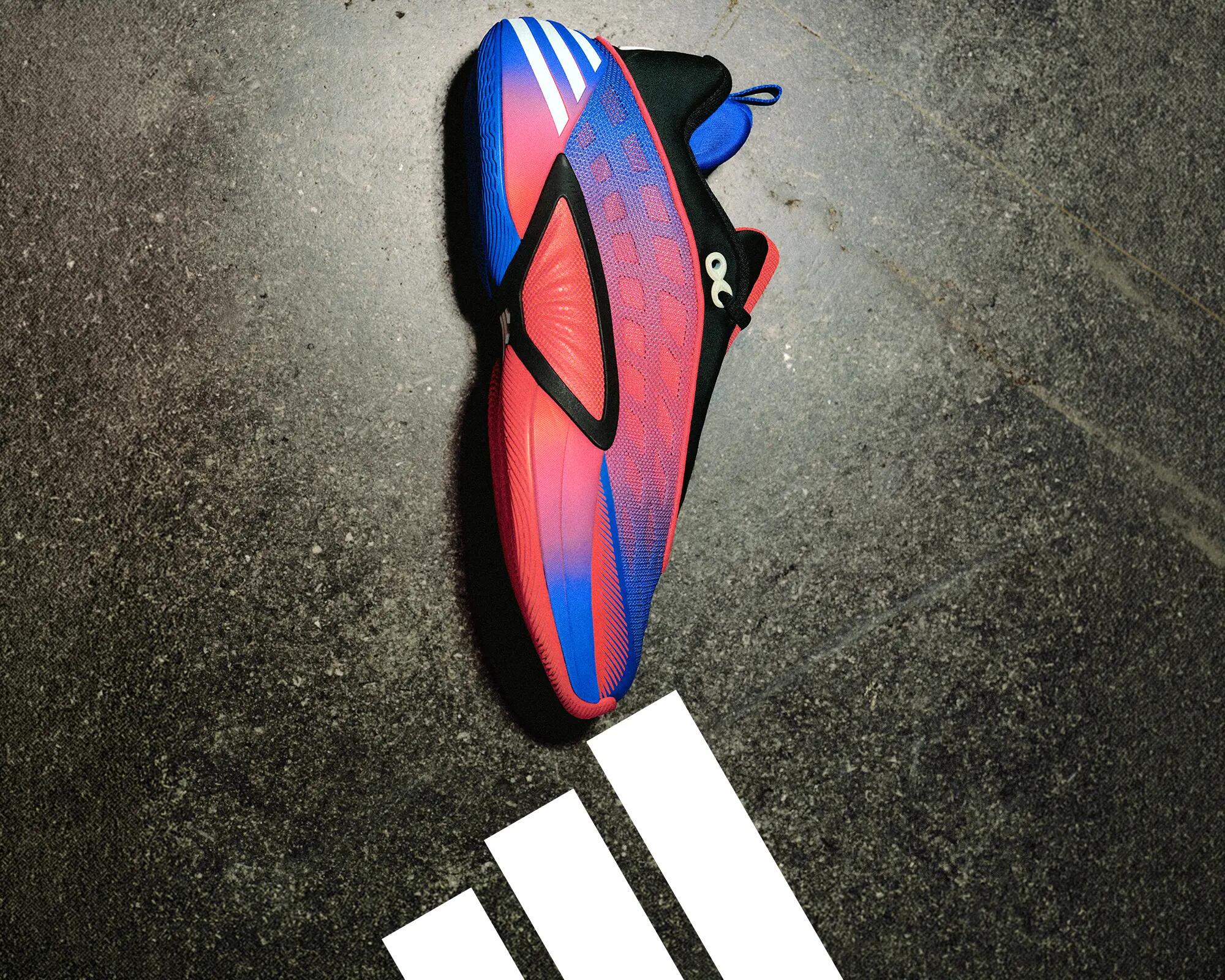 didas Basketballschuh liegt auf einem Steinboden + Adidas Logo