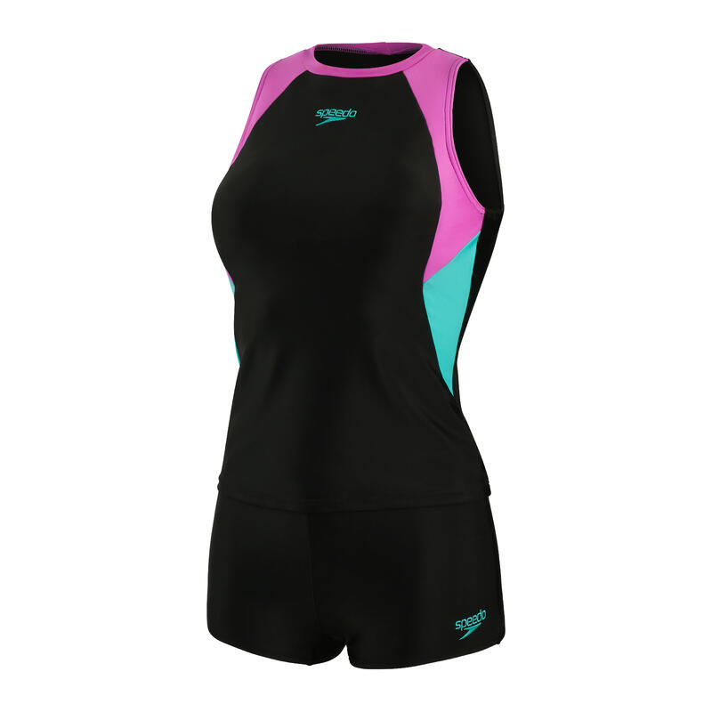 ENDURANCE10 LADIES' COLOURBLOCK SPLICE TANKINI - BLACK/PURPLE