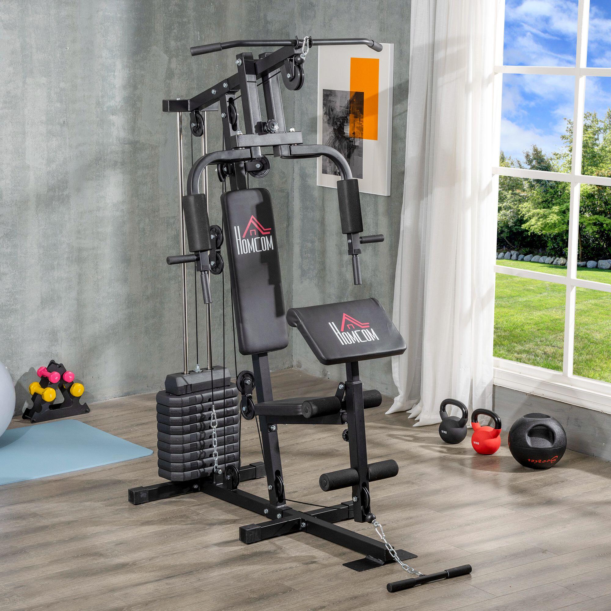 HOMCOM Power Tower Multifunzione con Pesi fino 45kg e Panca Imbottita 2/8