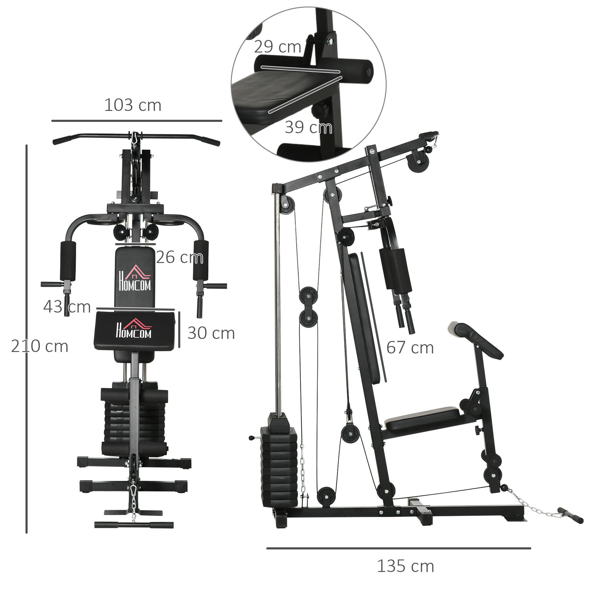 HOMCOM Power Tower Multifunzione con Pesi fino 45kg e Panca Imbottita 3/8