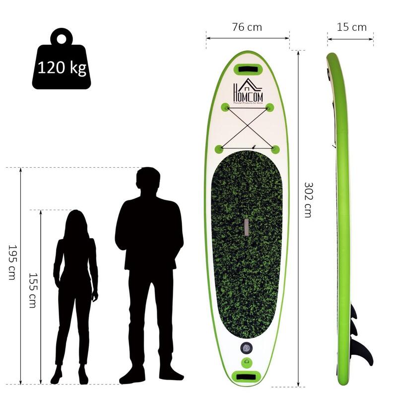 HomCom Placa Gonflabila SUP Stand Up Paddle cu Vasla Verde 302 x 76 x 15 cm