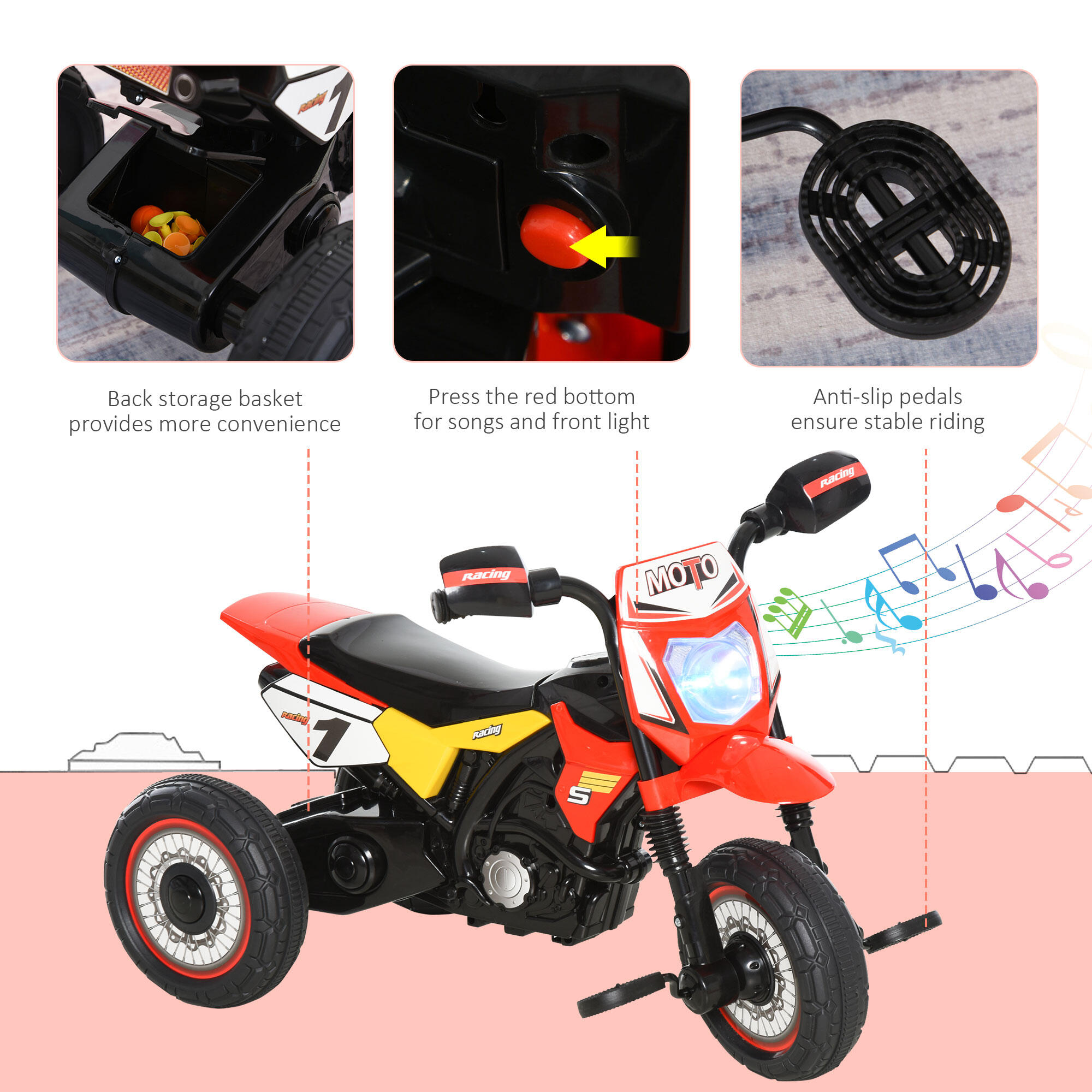 HOMCOM Triciclo per Bambini Stile Moto a Pedali con Luci e Suoni Età 18-36 Mesi 4/7
