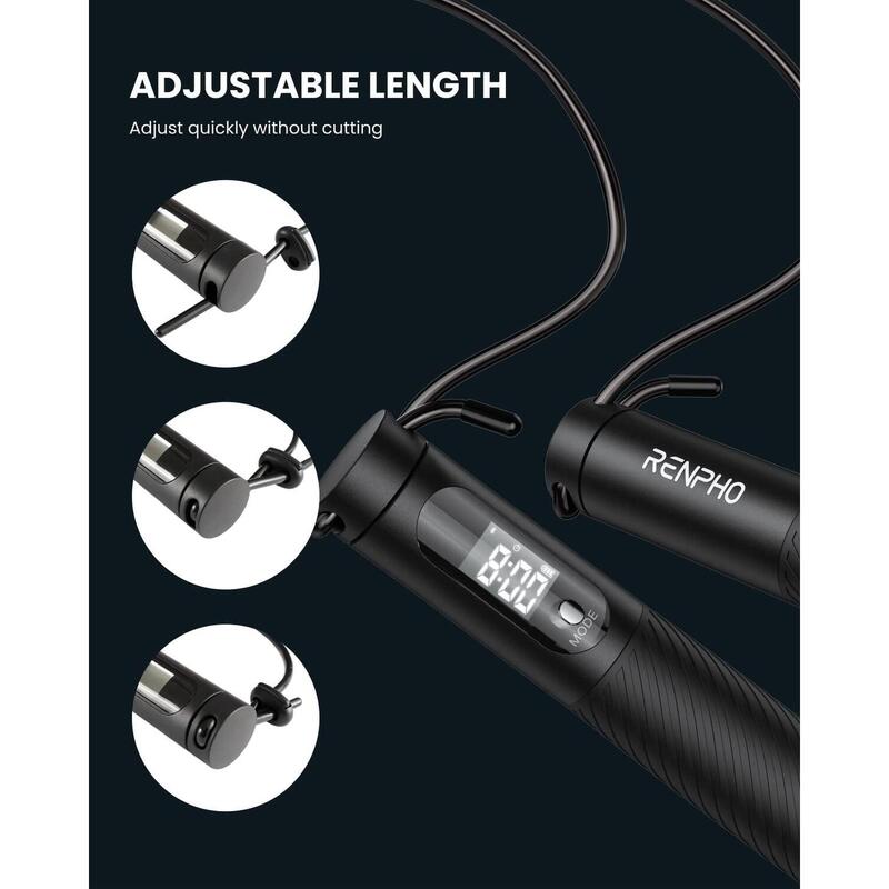 Renpho Coardă de sărit inteligentă Smart Jump Rope, lungime reglabilă, neagră