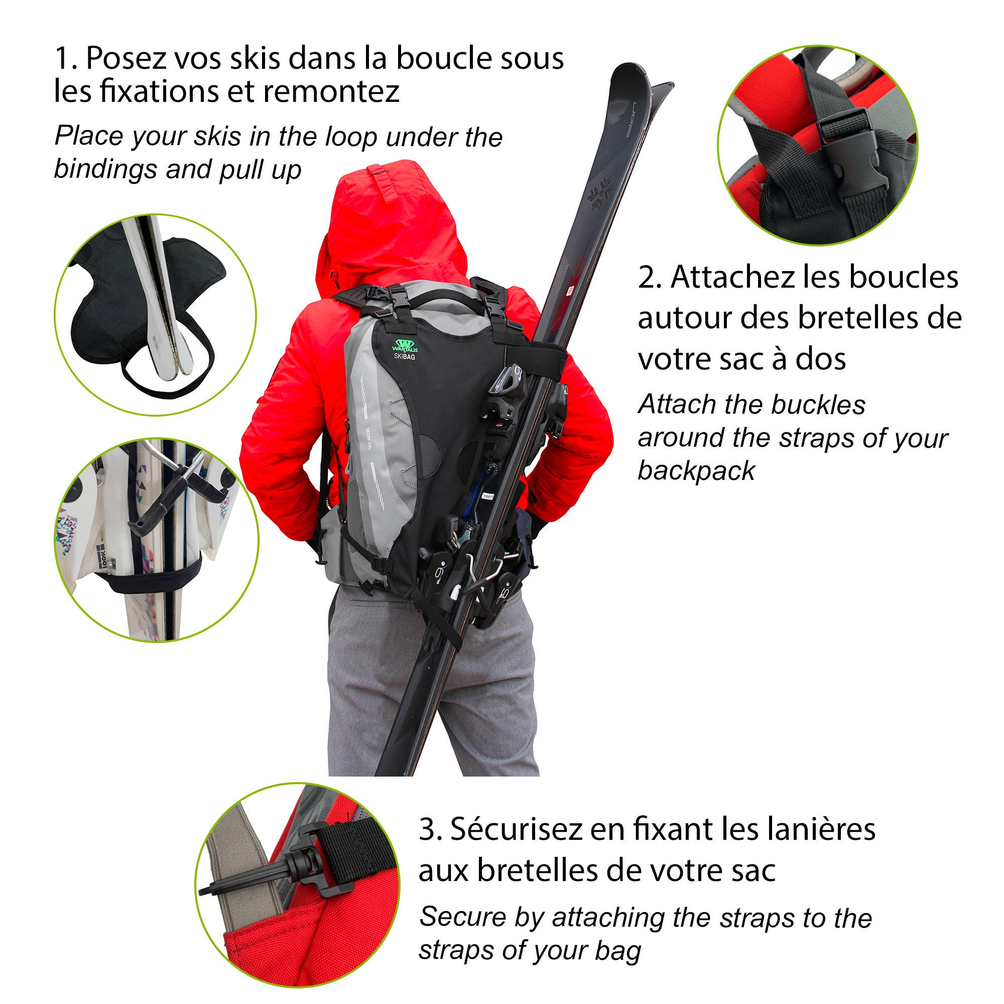 Porte ski pour Sac a Dos Noir WANTALIS Decathlon