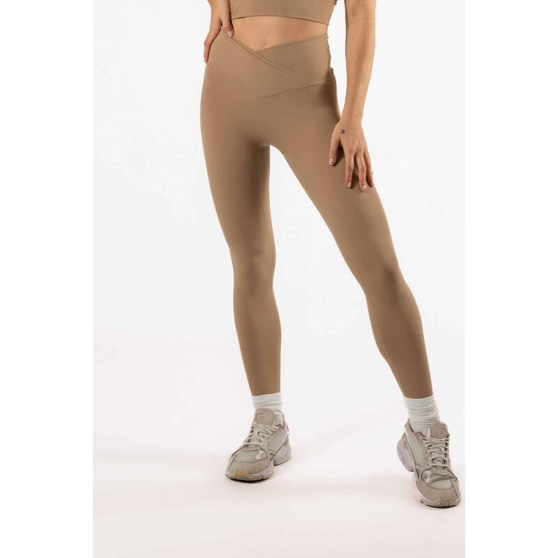 Legging Taille Haute Fitness V Crossover Femme Marron Clair