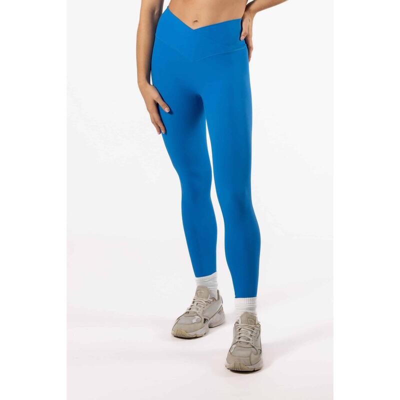 Leggings Fitness V Crossover Cintura Alta Mulher Azul Brilhante