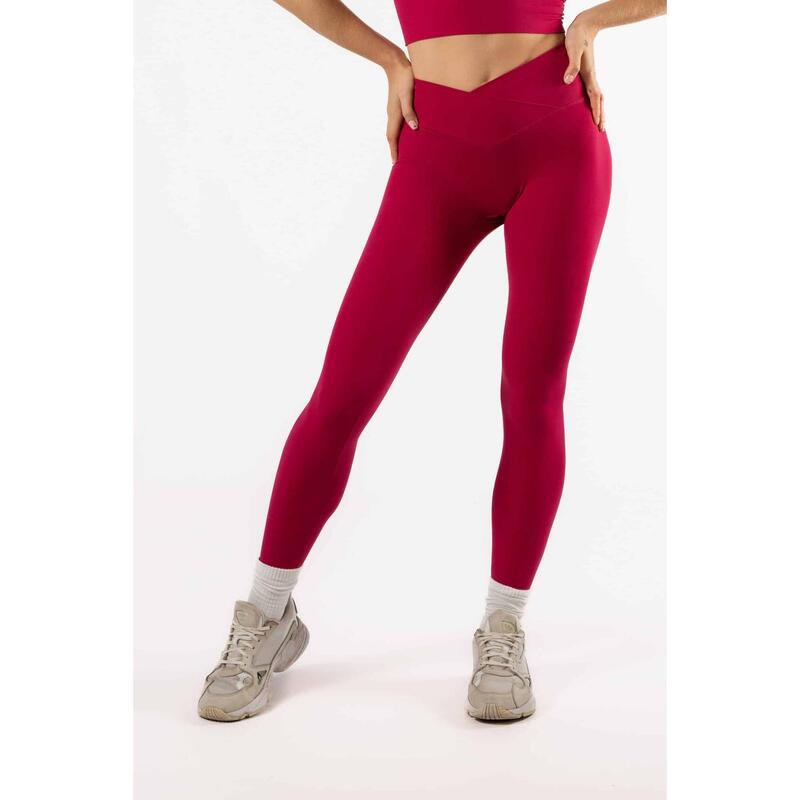 Legging Taille Haute Fitness V Crossover Femme Fuchsia Rouge
