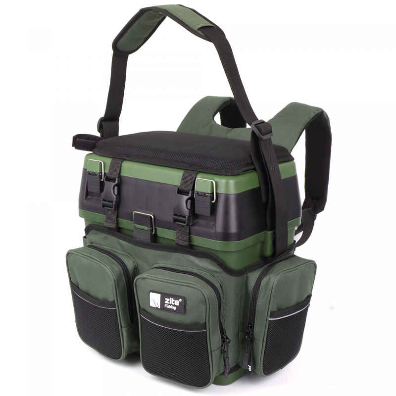 Multi Angelkoffer-Sitzkiepe und Angelrucksack mit Tackleboxen