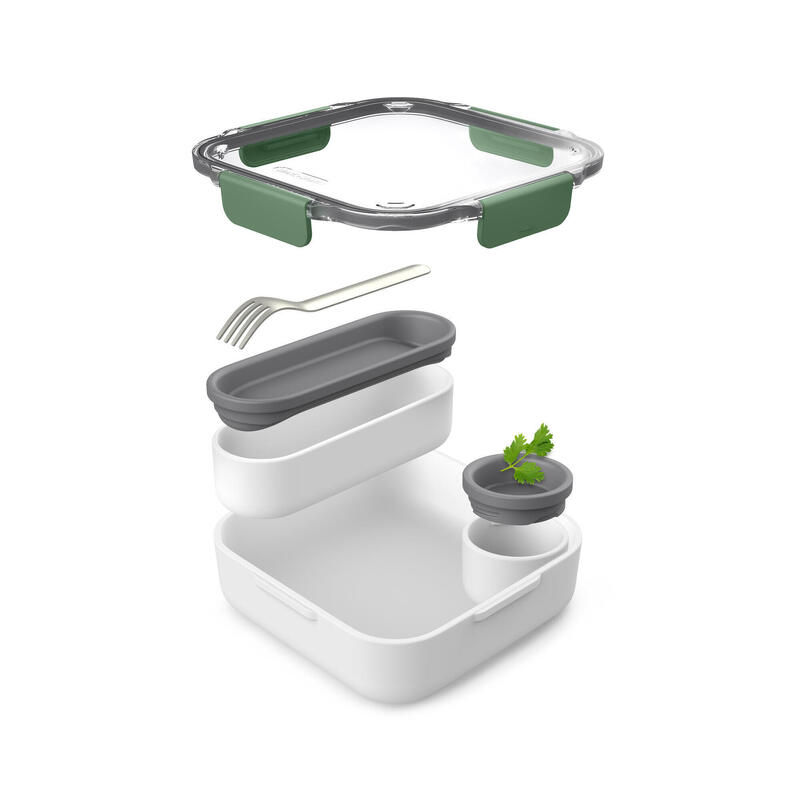 方形食物盒 (PP) 內附餐叉 34oz (1000ml) - 橄欖綠色