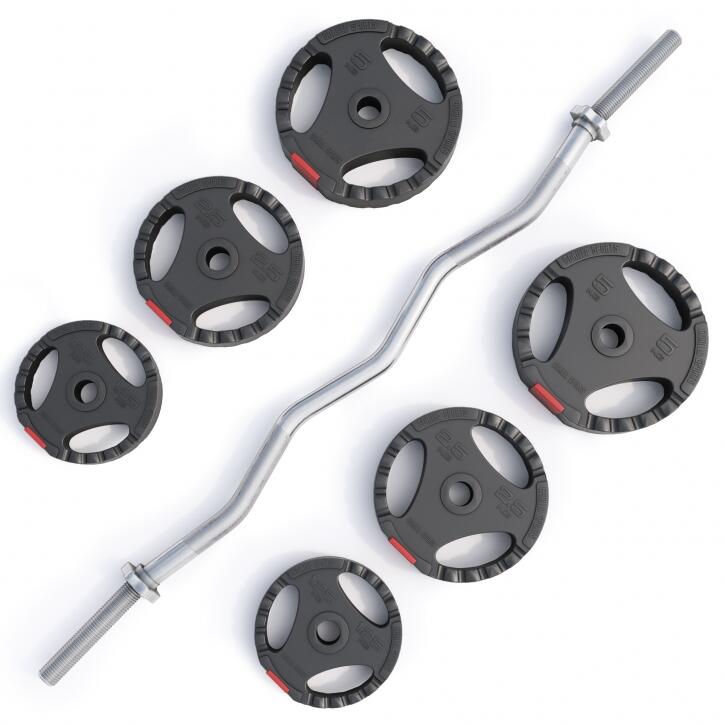 Kit Musculación Barra Curl EZ Gorilla Sports 25 Kg Discos Tirple Agarre
