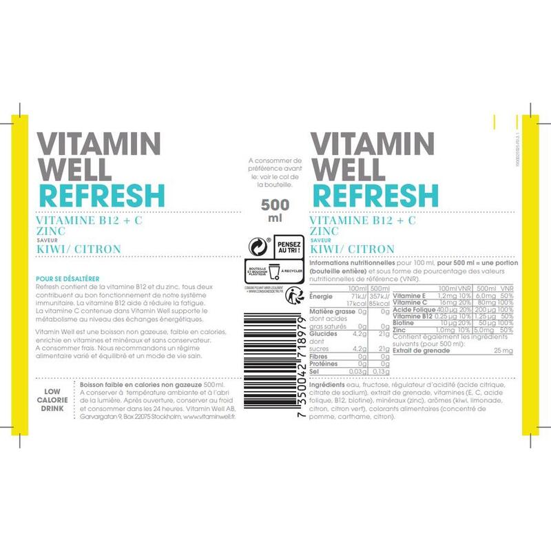 VITAMIN WELL REFRESH (500 ml) Boisson énergétique Kiwi/Citron - B12, C & Zinc