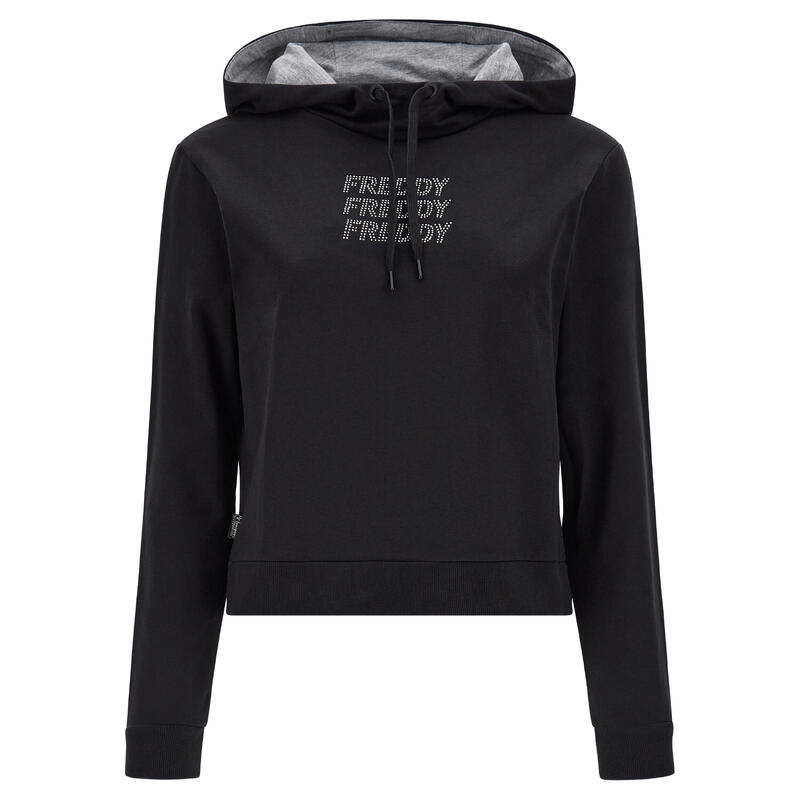 Felpa cropped con cappuccio e grafica in strass argento