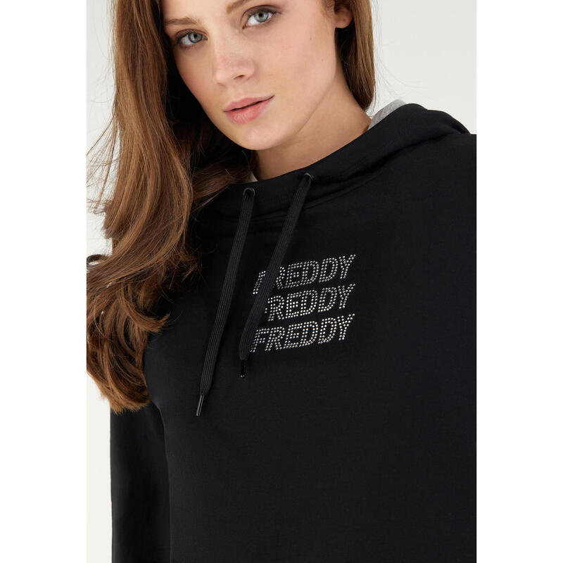 Felpa cropped con cappuccio e grafica in strass argento