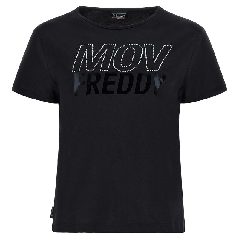 T-shirt cropped con grafica FREDDY MOV strass e nero lucido