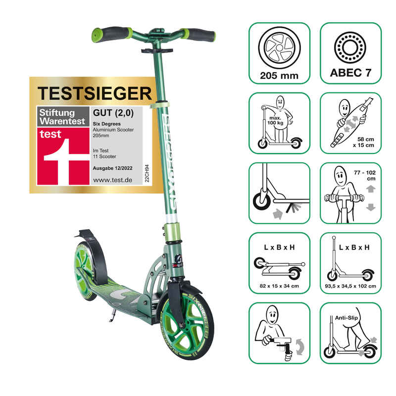 SIX DEGREES Aluminium Scooter 205 mm grün -TESTSIEGER-