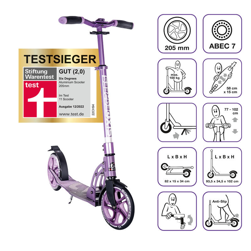 SIX DEGREES Aluminium Scooter 205 mm lila -TESTSIEGER-