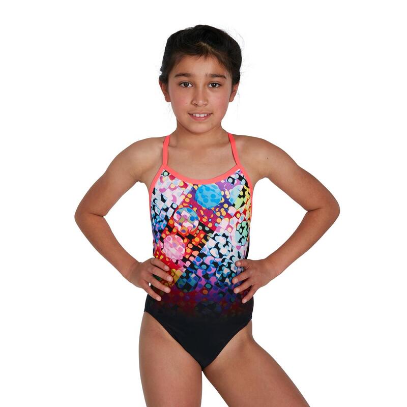 Speedo Girl's Polka Melt Placement Vback Swimsuit - Black/ Red