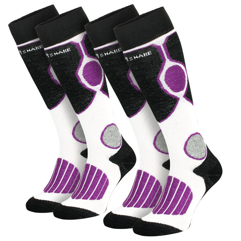 Șosete de schi căptușite | 2 perechi | Femei și bărbați | Negru/alb/violet