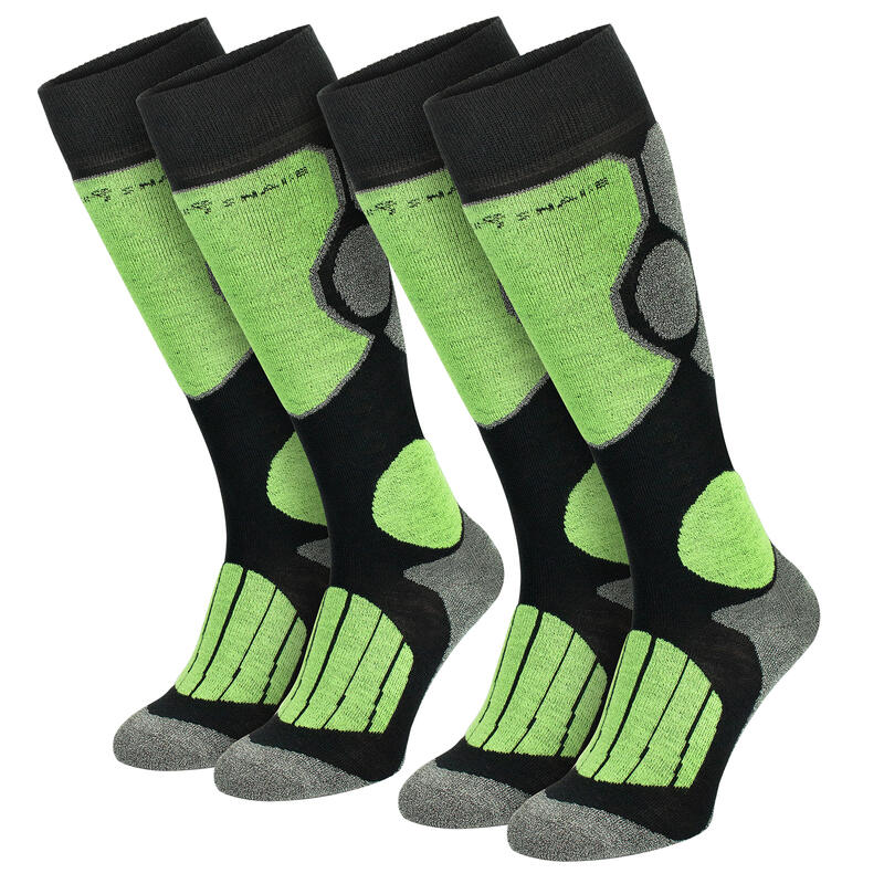 Chaussettes de ski | Mi-bas rembourrés | 2 paires | Unisex | Noir/Gris/Lime