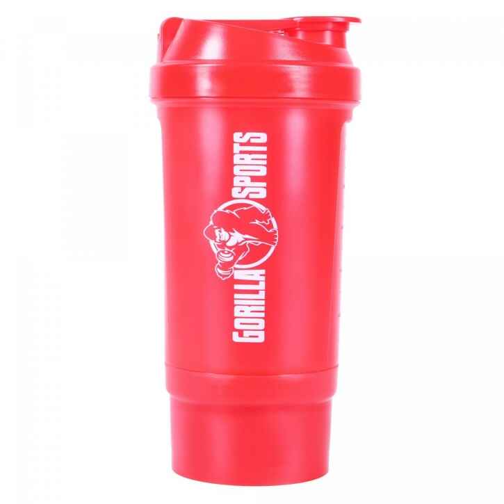 Gorilla Sports Protein Shaker 500 ml mit Pulverfach schwarz und rot