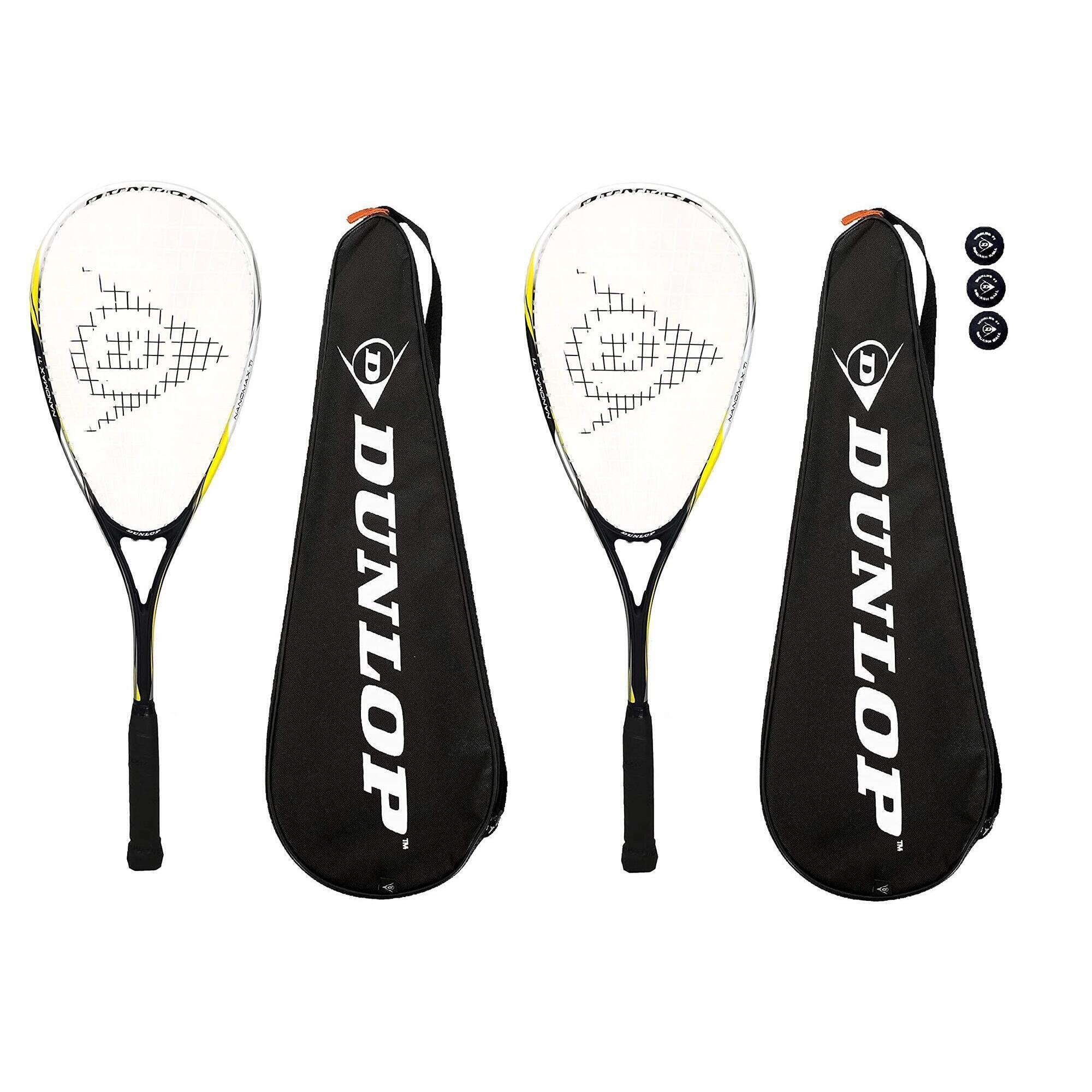DUNLOP 2 x Dunlop Nanomax Ti Squash Rackets + Covers + 3 Squash Balls
