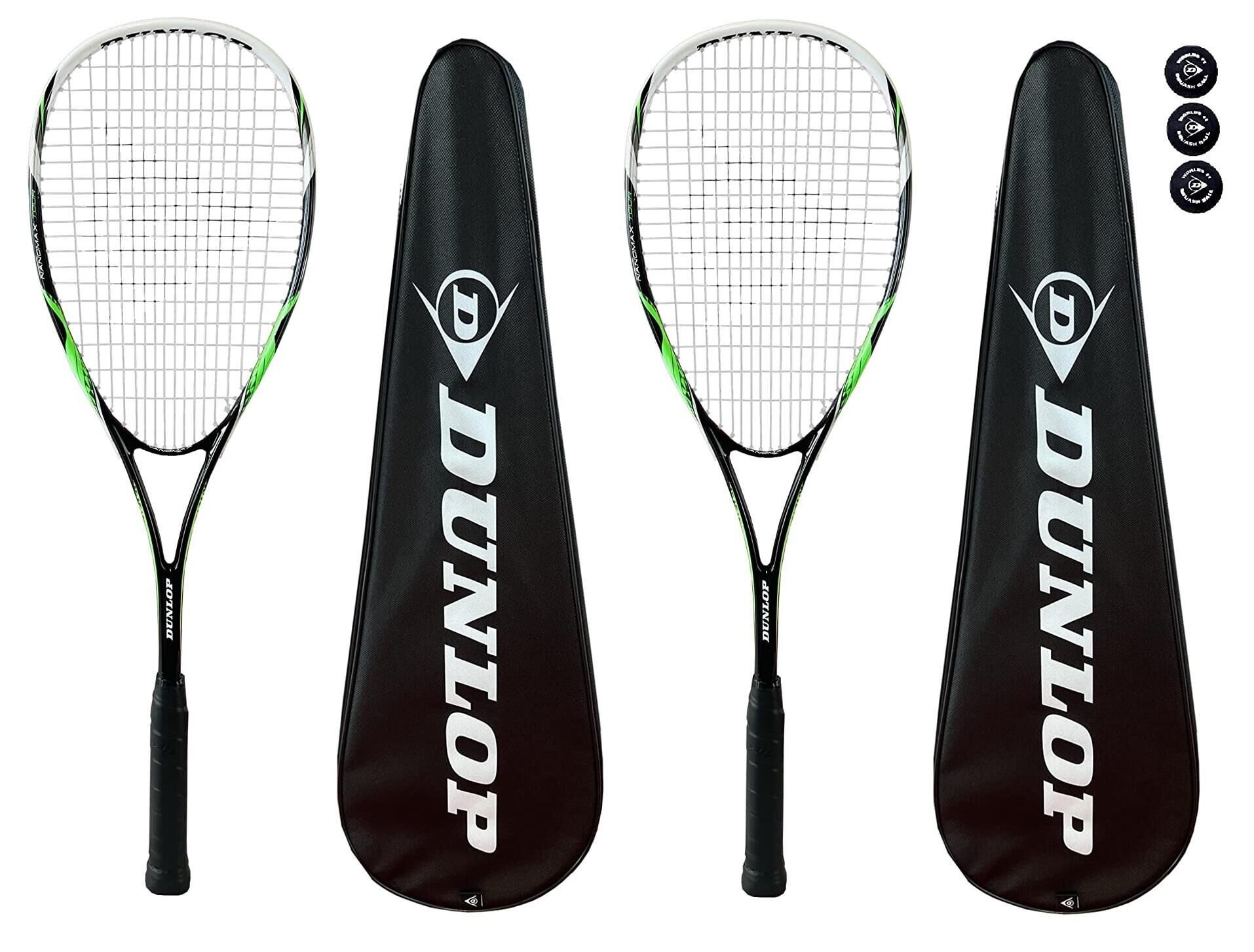 DUNLOP 2 x Dunlop Nanomax Tour Squash Rackets + Cover + 3 Squash Balls