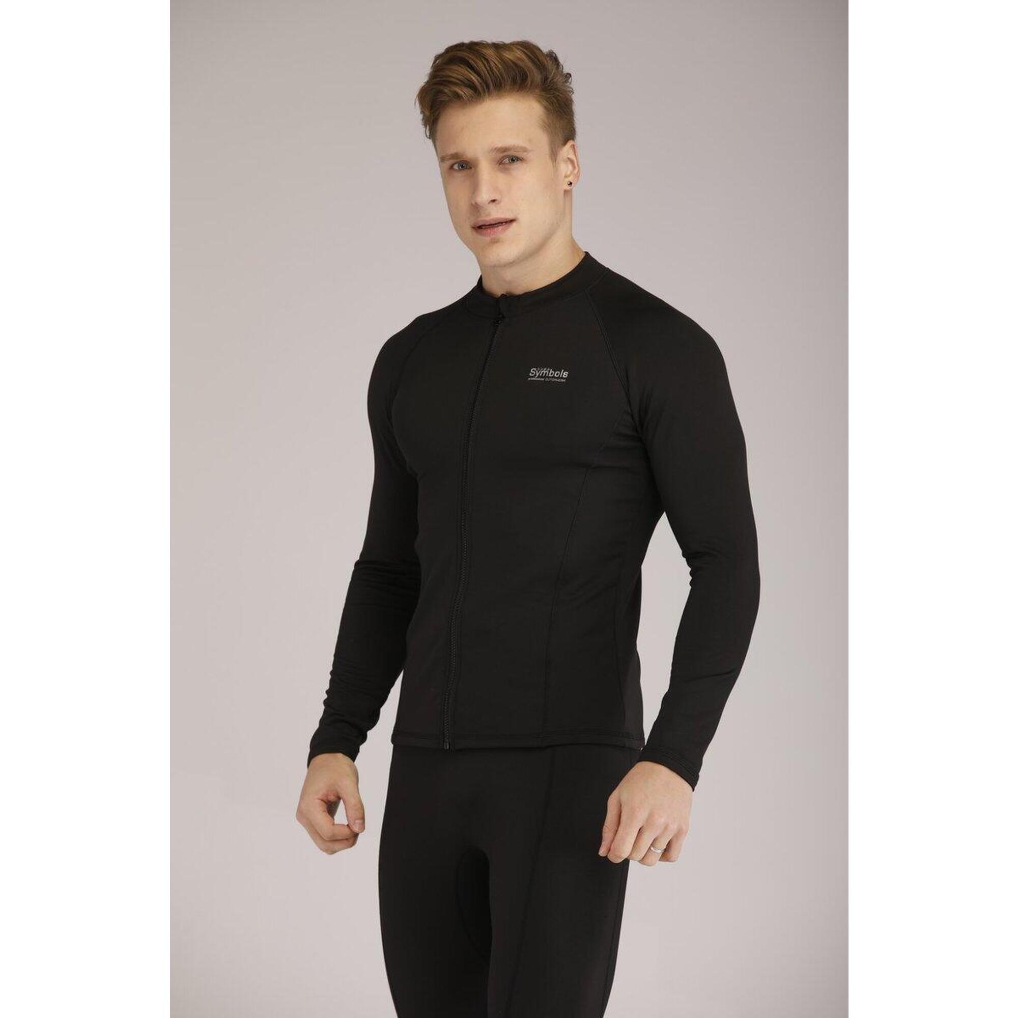 Adults 1.5mm Thick Thermal Fleece Top With Front Zipper - BLACK
