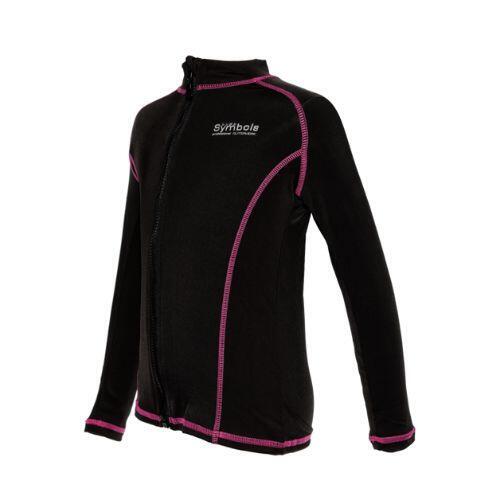 Kids 1 mm Thermal Fleece Overlock Stitching Top With Front Zipper - BLACK / PINK