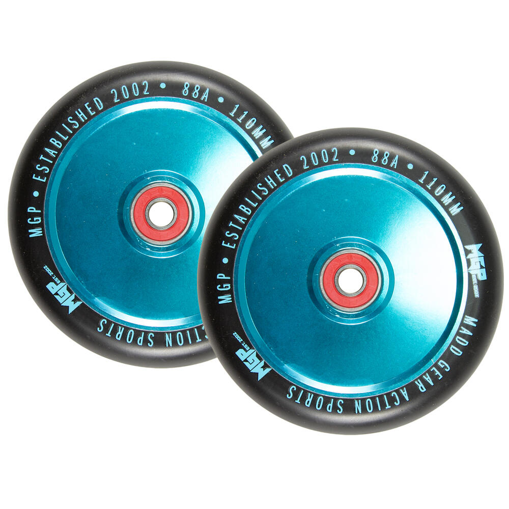 MADD GEAR PRO MGP MFX CORRUPT 110MM PRO STUNT SCOOTER WHEELS inc BEARINGS PAIR – TEAL/BLACK