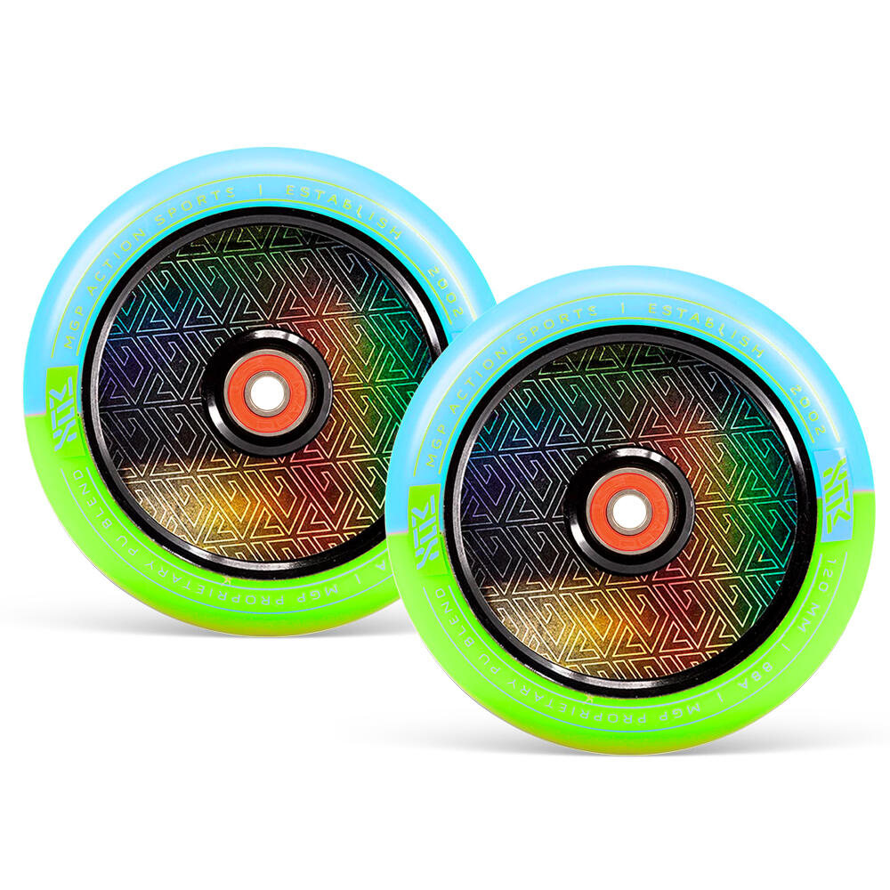 MGP MFX CORRUPT 120MM PRO STUNT SCOOTER WHEELS inc BEARINGS PAIR – BLUE/LIME 1/3