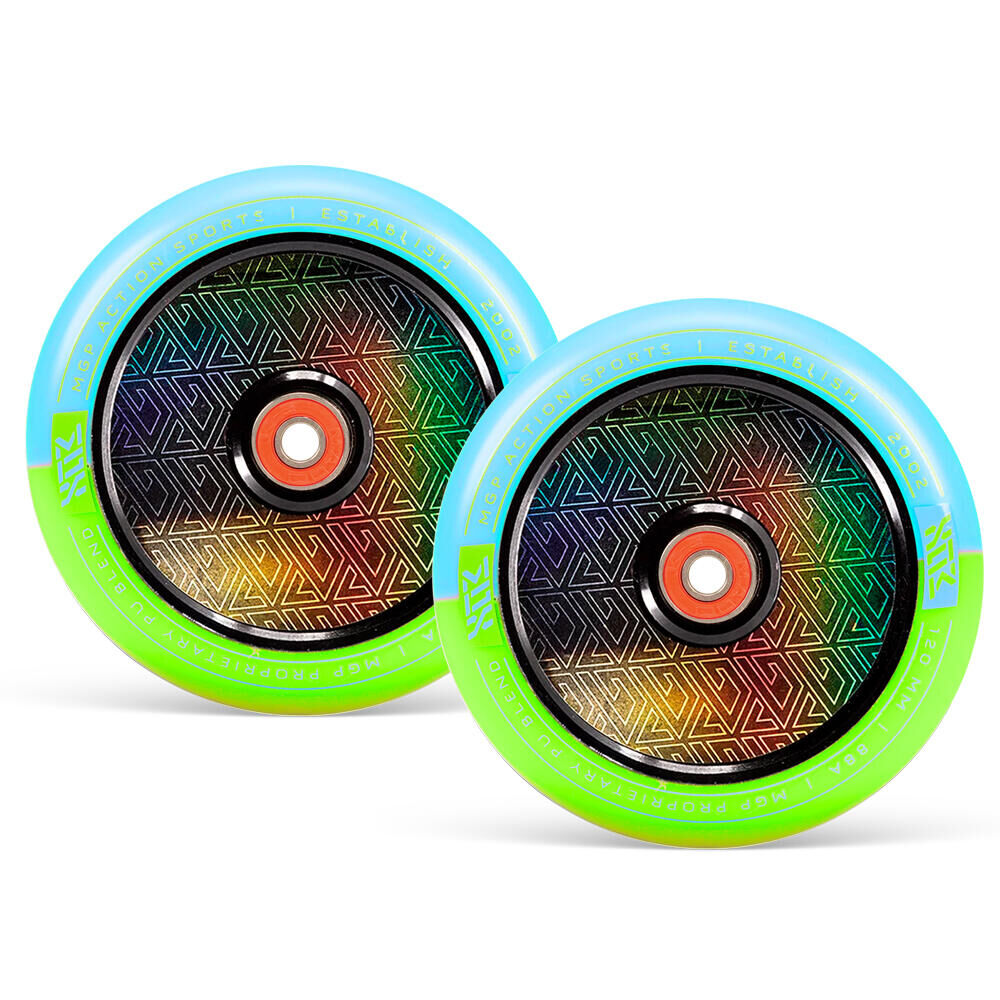 MADD GEAR PRO MGP MFX CORRUPT 120MM PRO STUNT SCOOTER WHEELS inc BEARINGS PAIR – BLUE/LIME