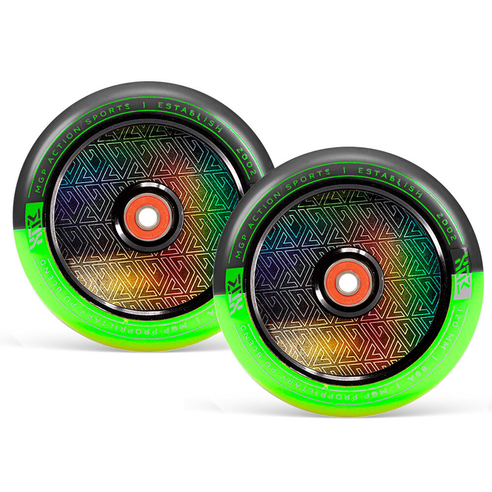 MADD GEAR PRO MGP MFX CORRUPT 120MM PRO STUNT SCOOTER WHEELS inc BEARINGS PAIR – BLACK/LIME