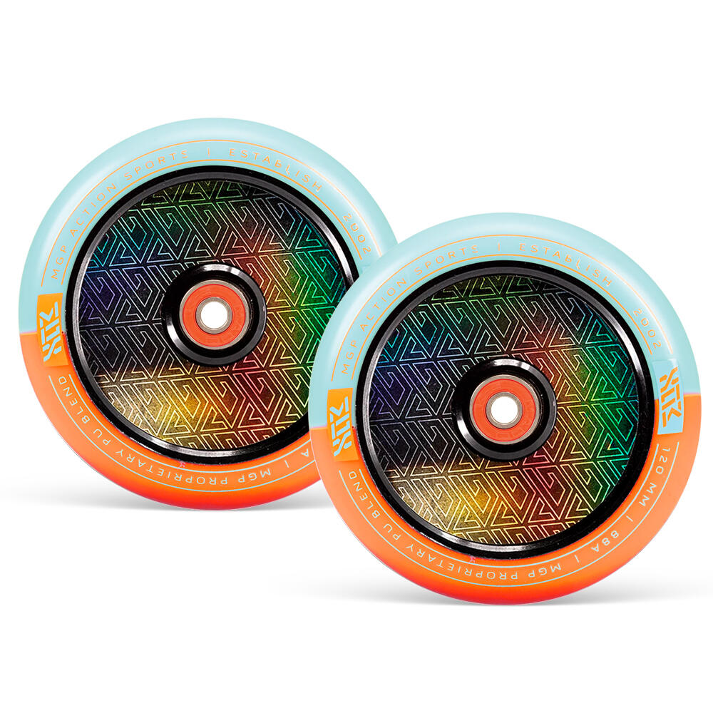 MADD GEAR PRO MGP MFX CORRUPT 120MM PRO STUNT SCOOTER WHEELS inc BEARINGS PAIR – ORANGE/TEAL