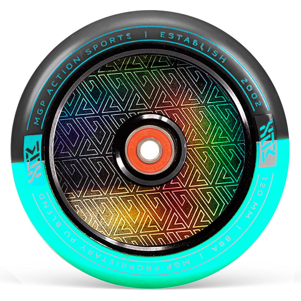 MGP MFX CORRUPT 120MM PRO STUNT SCOOTER WHEELS inc BEARINGS PAIR – BLACK/TEAL 2/3