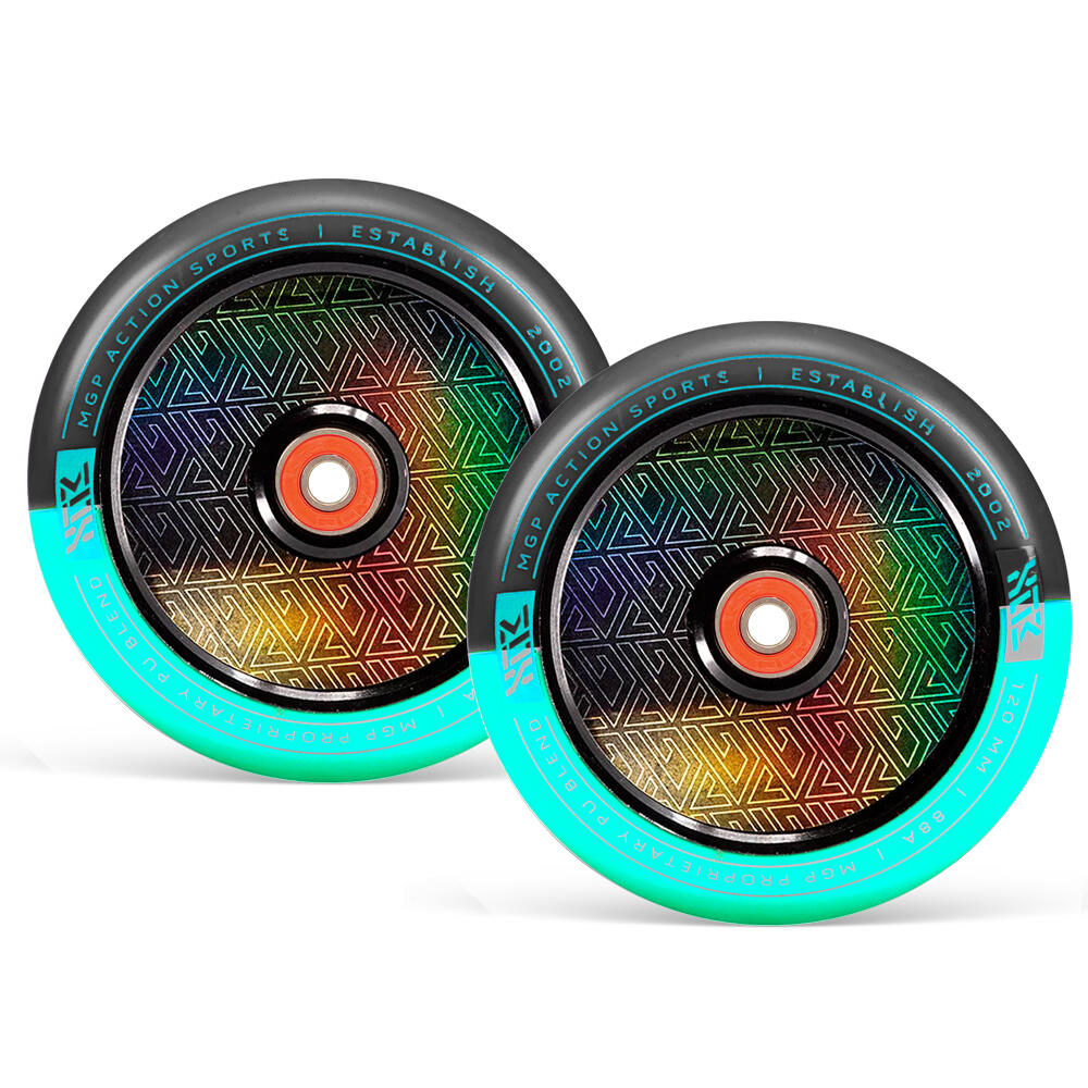 MGP MFX CORRUPT 120MM PRO STUNT SCOOTER WHEELS inc BEARINGS PAIR – BLACK/TEAL 1/3