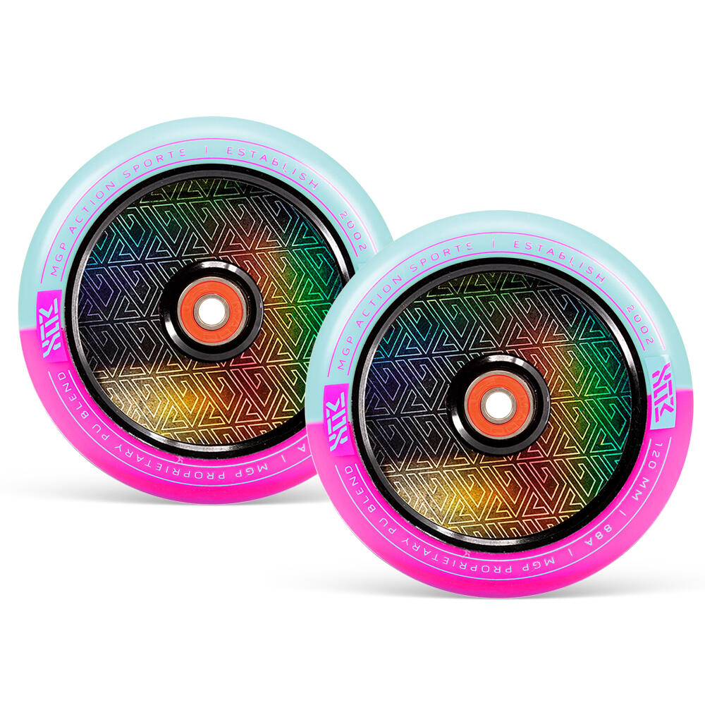 MADD GEAR PRO MGP MFX CORRUPT 120MM PRO STUNT SCOOTER WHEELS inc BEARINGS PAIR – PINK/TEAL