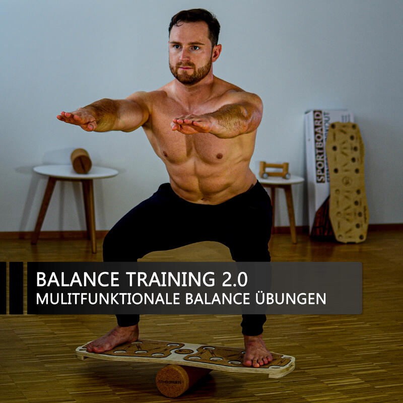 Sportboard Fitness Balance Board aus Echtholz mit Korkrolle und Fitnessband