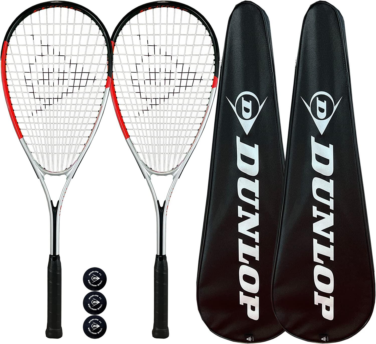 Dunlop Hyper X-Lite Ti Squash Racket Twin Pack, inc Covers & 3 Squash Balls 1/1