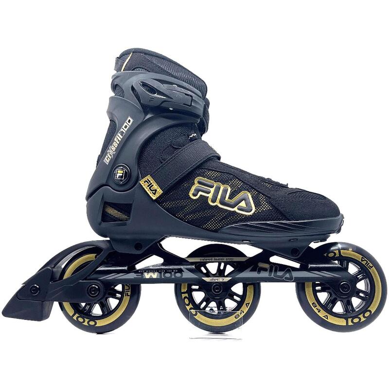 Fila Crosstraining 100 tri-skates zwart goud met soft boots en 100mm wielen