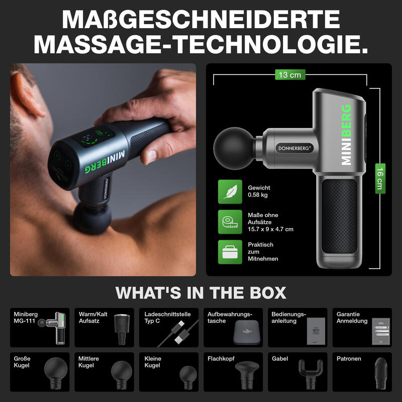 MINIBERG Massagepistole mit Wärme/Kälte Aufsatz, Samsung Akku
