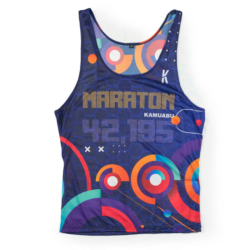 MAILLOT RUNNING #MARATON 2.0 RUN HOMME - KAMUABU coloris BLEU 90grs BRETELLES